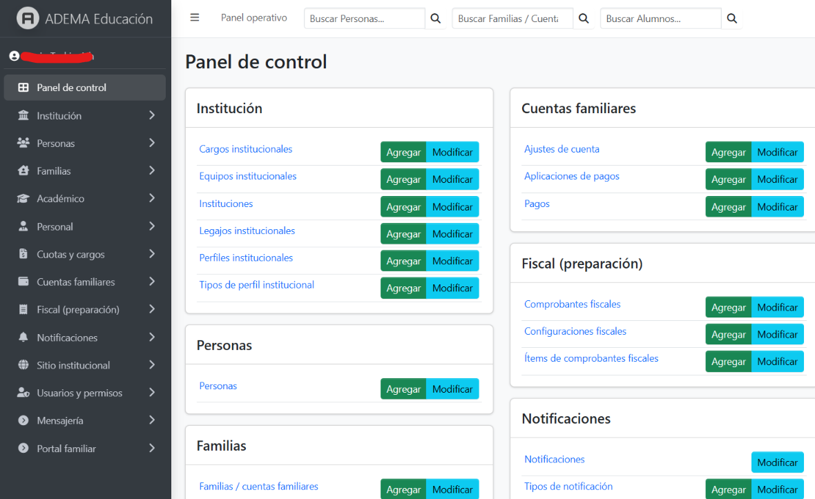 Panel operativo de ADEMA Educación con la gestión de familias y cuentas.